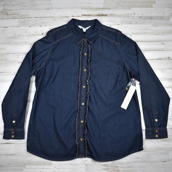 Jones New York Jeans Dark Denim Cotton Ruffle Button Up Shirt Top Size xlarge - Picture 1 of 8